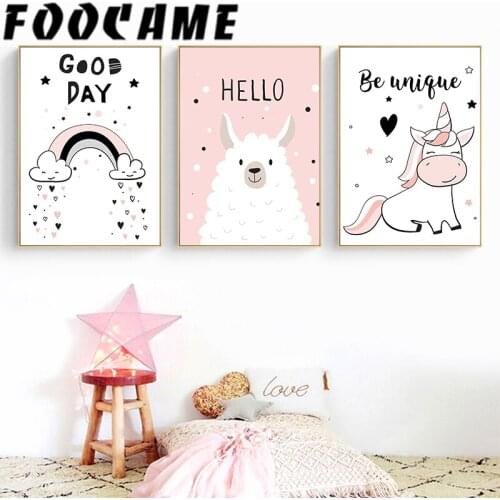 FOOCAME Nordic Art Cartoon Unicorn Rainbow Alpaca Poster Canvas Painting Wall Picture Print Baby Pink Room Nursery Decoration