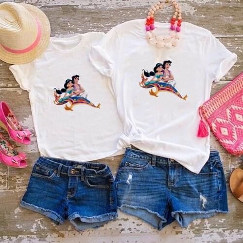 Aladdin and Princess Jasmine Women Tshirt Fine Cartoon Printed Baby Girls Clothes Summer Brands Tops Disney Family Matching Tees