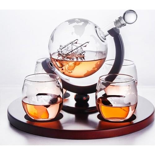 Whiskey Decanter Globe Wine Glass Set Sailboat Skull Inside Crystal Whisky Carafe with Fine Wood Stand Liquor Decanter for Vodka