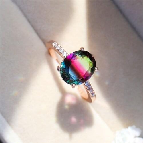 Big Oval Rainbow Gradient Zircon Rings For Women Wedding Mystic Jewelry Vintage Fashion Rose Gold Multicolor Crystal Party Ring
