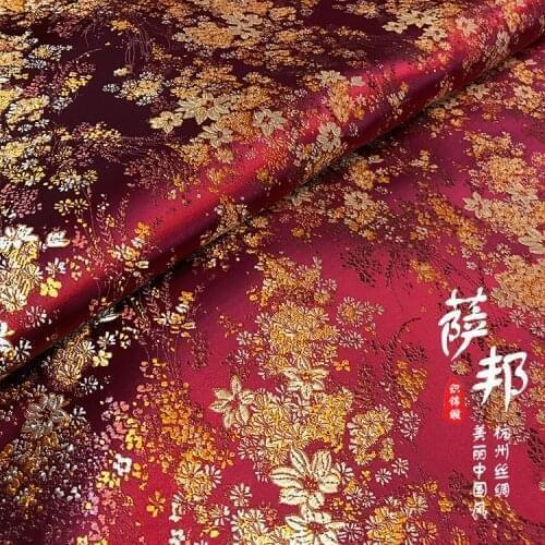 Red gold flowers satin fabric imitate silk Brocade Fabric Damask Jacquard Apparel Costume Upholstery Furnishing tissu 72*50cm