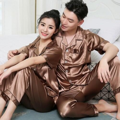 Summer Couple Men Women Solid Color Stain Lapel Short Sleeve Pants Sleepwear Lovers Female Pajamas Pyjamas Homewear