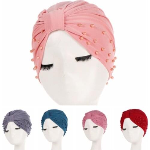 Solid Fashion Women Cotton Beading India Ruffle Turban Elastic Muslim Hat Chemo Cap Headwrap Soft Sleeping Hat Beanie Hijabs