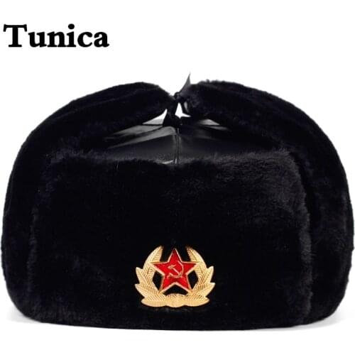 New Soviet Army Military Badge Russia Bomber Hats Pilot Trapper trooper Hat Winter Faux Rabbit Fur Earflap Men warm Caps gorras