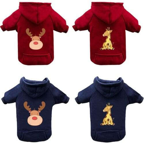 Pet Cat Dog Clothes Autumn And Winter Plus Velvet Pet Sweater With Hat & Pockets Cute Giraffe Printed Pattern Dog Coat