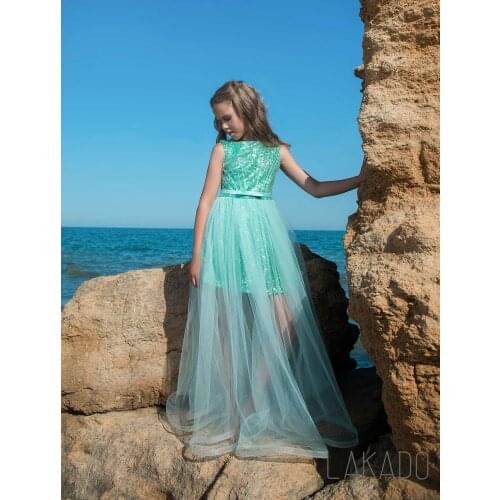 Beach Girls Dress ONE LAYER LONG TULLE SKIRT DRESS WITH GLITZ Sequined Pageant DRESS