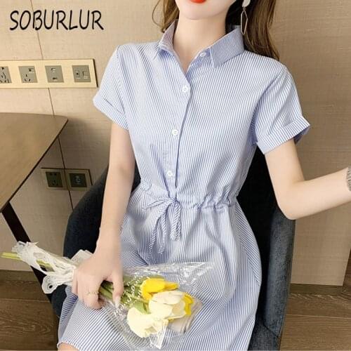 Casual Shirt Dress Women Summer New Korean High Waist A-line Skirt Turndown Collar Short Sleeve Dresses Stripe Knee-Length Dress
