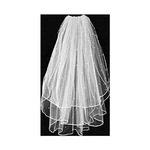 Wedding Veil,White Bridal Veil with Comb, 3 Tier Ribbon Edge with Pearl Center Cascade for Bachelorette Party
