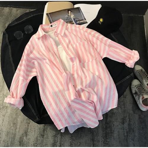 Early autumn Korean style loose casual slimming bright color vertical stripes thin long sleeve shirt air conditioning sunscreen