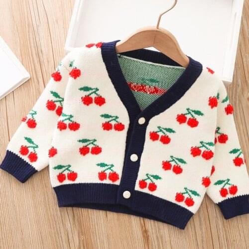 Girls v collar Cherry pattern knitted cardigan children top kids sweater wholesale