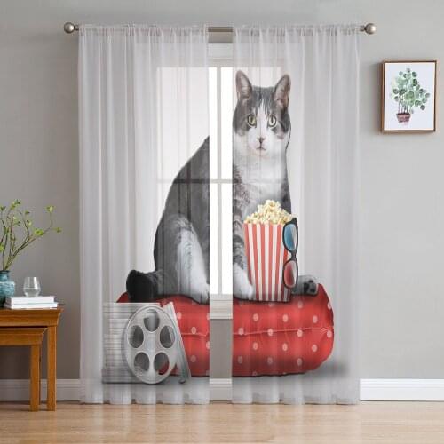 Funny Cat Popcorn Cinema Tulle Curtains Kitchen Door Curtain Chiffon Sheer Voile Christmas Curtains for Living Room