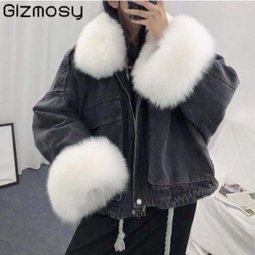 Gizmosy Women Large Fur Colloar Winter Denim Jacket 2021 Oversize Plus Velvet Parka Detachable Thick Loose Cotton Warm Jean Coat