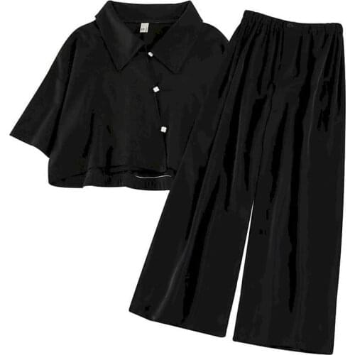 2021 Autumn Two Pieces Set Women Summer Korean Short Sleeve Shirt Female Black Casual Sets Suit Black Blouse Wide Leg Pants Suit