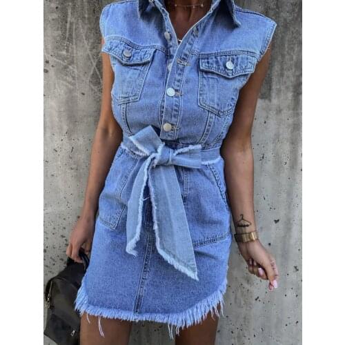 Sexy Fashion Sleeveless Bodycon Mini Dress Women Spring Summer Vestidos 2021 Retro Jeans Dress Ladies Vintage Washed Denim Dress