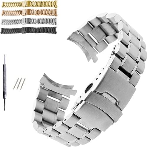 18/20/22/24 Stainless Steel Solid Watch Strap Arc End Steel Bracelet Insurance Folding Buckle Universal Replacement Watch Band