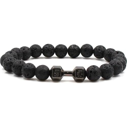 8mm Black Lava Natural Stone Bracelet LIVE LIFT Dumbbell Elastic Bracelet Jewelry Gift Multicolor Metal