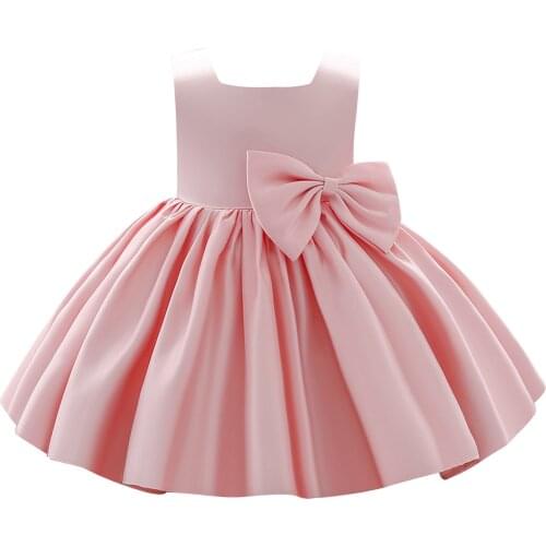 Kids Baby Dress Solid Color Sleeveless Square Collar Big Hem With Bowknot Dress Party Wedding Formal Princess Clothing 6M-3Y