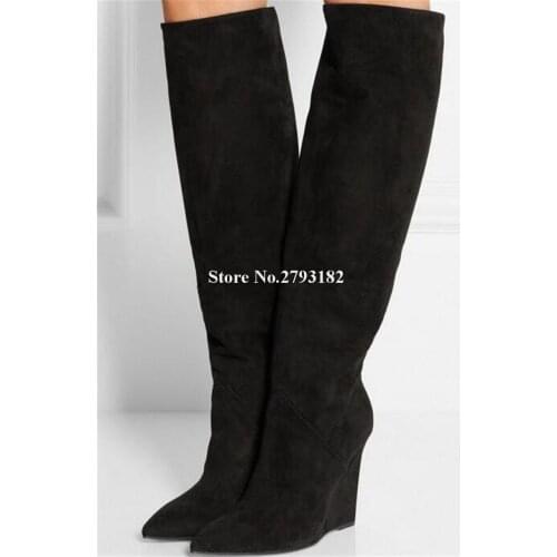 Brand Style Women Fashion Pointed Toe Suede Leather Knee High Wedge Boots High Quality Winter Women Long Wedge Boots
