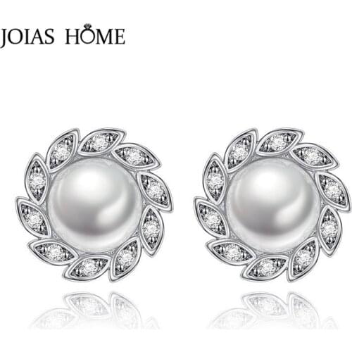 JoiasHome Simple design Pearl Earrings for Women Silver 925 Jewelry Gemstones Leaf Plant Female Ear Studs Wholesale Engagement