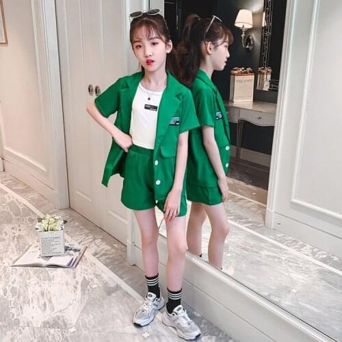 Girls clothing sets 2021 summer new teenage girl v collar top and t shirts and shorts 3pcs suits children outfits wholesale