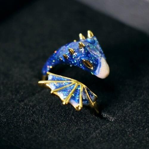 Fashion Design Starry Sky Small Blue Dragon Opening Ring Colorful Fresh And Unique Craftsmanship Charm Womens Silver Jewelry