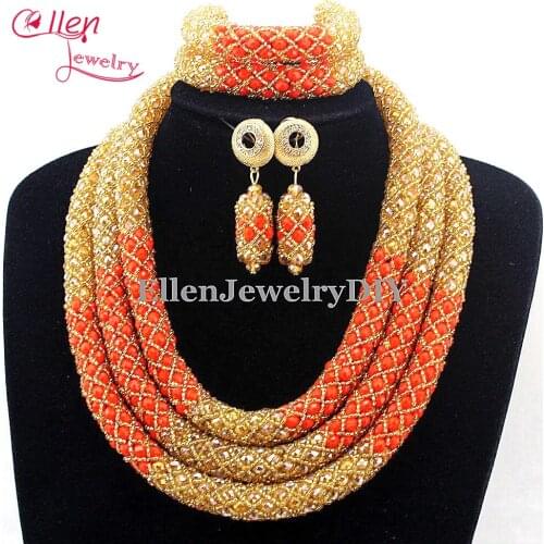 2019 New Arrived Fashion Champagne Orange Crystal Costume necklace sets Bridal Nigerian Wedding African Beads Jewelry Sets E1024