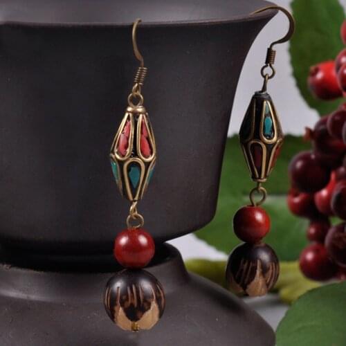 Original Exqiusite Nepal Beads Carved Bodhi Lotus Dangle Earrings Sandalwood Beads Tibetan Ethnic Earrings Handmade Jewelry