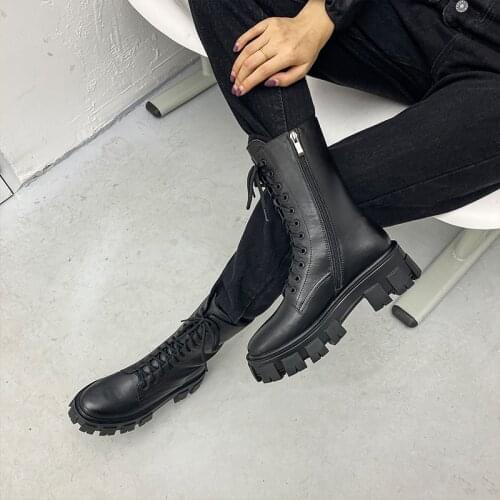 Osunlina Zipper Ankle Boots Black Genuine Leather Thick Heels Round Toe Motorcycle Boots 2020 Autumn Winter Shoes Woman A028