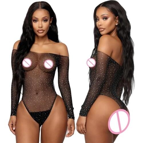 Porno Sexy Lingerie Bikini Fishnet Tights Womens Shiny Diamond Mesh Stockings Rhinestone Nylon Black Erotic BodySuit Female