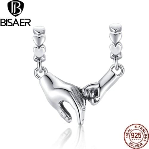 BISAER Hand in Hand Beads 925 Sterling Silver Friendship Charm Pendant Fit DIY Bracelet Necklace Lovely Jewelry Gift ECC1700