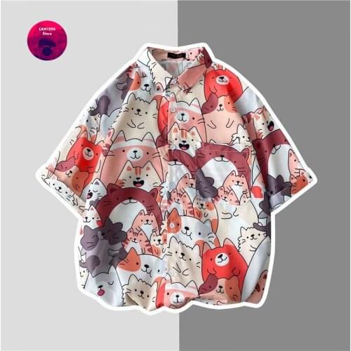Korean Fashion Casual Cartoon Graphic Print Mens Shirt 2021 Harajuku High Street Short Sleeve Top Hip Hop Men Summer Shirts