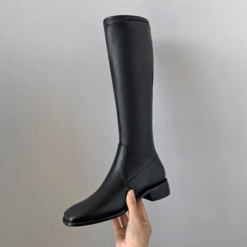 SKLFGXZY New winter Genuine leather Knee high boots Women boots Motorcycle boots Square head warm stretch Women shoes