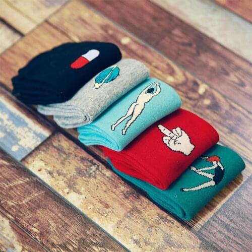 Sporty Style Cotton Short Funny Socks Female Casual Mid Finger Art Socks Hipster Sox Women Breathable Cartoon Patterned Socks