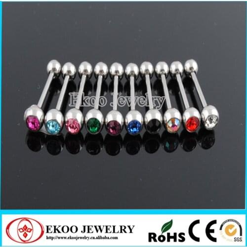 Body Jewelry Gem Tongue Ring Mixed 10 Colors Free Shipping