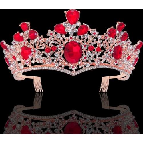Baroque Luxury Red Rhinestone Bridal Tiaras Crown With Combs Full Crystal Diadem For Bride Headbands Wedding Hair Jewelry