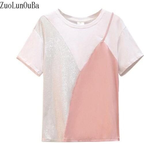 Summer Women T Shirt Fashion Plus Size Stitching Harajuku Pullover Short Sleeve Round Neck Fake Two Piece T Shirt Tops