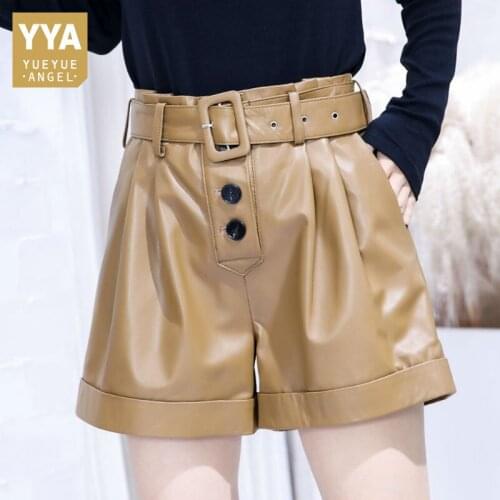 Ladies Khaki High Waist Casual Shorts Street Sheepskin Natural Leather Wide Leg Shorts Autumn Winter New Outdoor A-Line Shorts