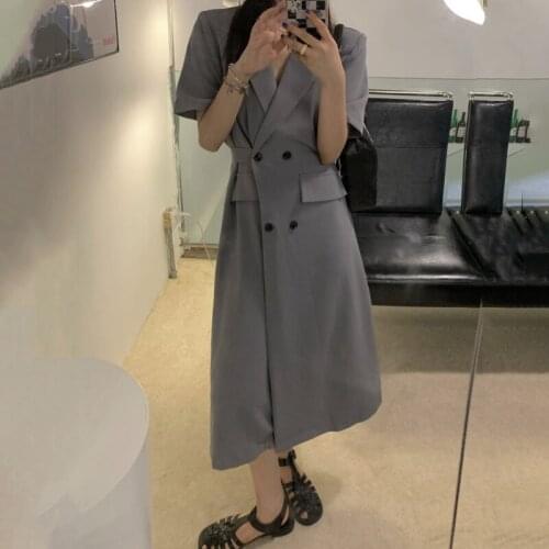 2021 New Summer Gray Blazer-Dress Women Lacing Up Double Breasted Notched Collar Loose Outwear Sundress