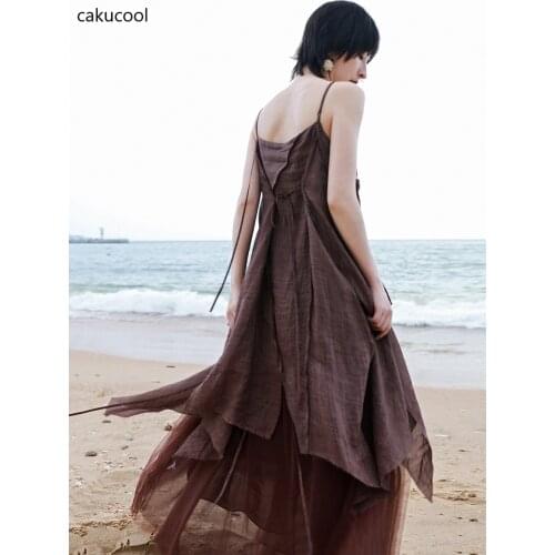 Cakucool new dress mesh yarn splicing halter dress women summer loose A word irregular skirt elegant fashion women