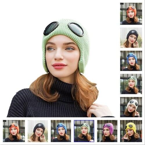 Women winter knitted hat bonnets Street glasses Multicolor Beanie hat men wild plus velvet ear protection wool hat