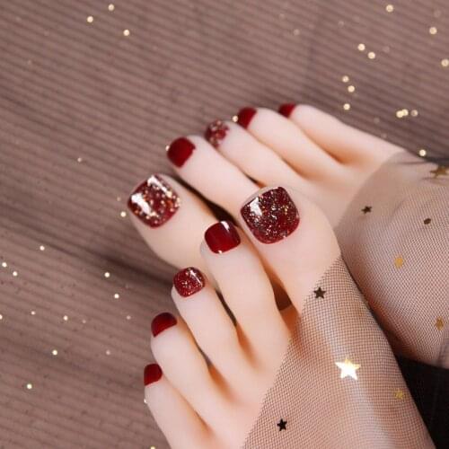24pcs Shimmering Powder Sequins Foot Fake Nails Red Color Temperament Summer Beauty Artificial False Nail Art Tools