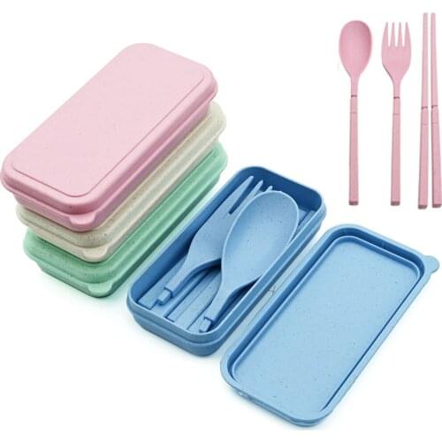 3pcs/4pcs Folding Chopstick Fork Spoon Dinner set Portable Travel Cutlery Dinnerware Wheat Straw Tableware Set With Camping Box