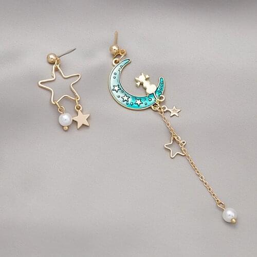 Girls All-match Asymmetric Earrings Gradient Color Star Moon Pendant Earrings Dreamy Long Tassel Girl Jewelry Earrings