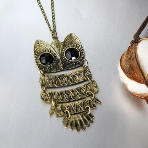 Black Crystal Eyes Layers Body Owl Vintage Bronze & Silver Plated Retro Necklace for Women