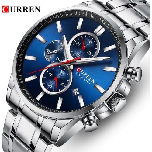 CURREN New Mens Watches with Date Chronograph Top Brand Big Sport Quartz Watch Men Blue Full Steel Male Clock Relogio Masculino