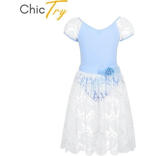 ChicTry Children Girls Puff Sleeves Tutu Ballet Dress Cotton Gymnastics Leotard with Lace Skirt Set Kids Lyrical Dance Costumes