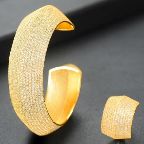 Kellybola Noble Luxury Gold Wide Cubic Zirconia Bangle Ring 2PCS Set For Women Wedding banquet Anniversary Jewelry Accessories