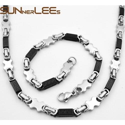 SUNNERLEES Jewelry Stainless Steel Necklace Bracelet Set 9mm Black Silver Color Geometric Byzantine Link Chain Men Women SC85 S