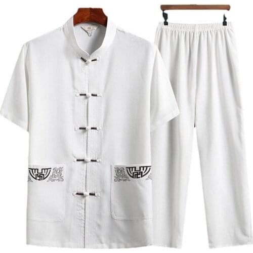 Traditional Chinese Style Set Cotton Linen Tang Suit Taichi Kung Fu Short-sleeved Uniform Mens Dads Set Zhongshan Summer Suit