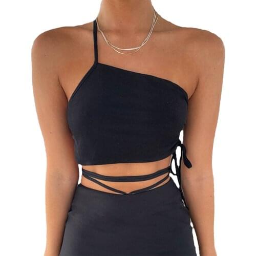 Womens Drawstring Crop Cami Tops, One Shoulder Spaghetti Strap Lace Up Backless Camisole